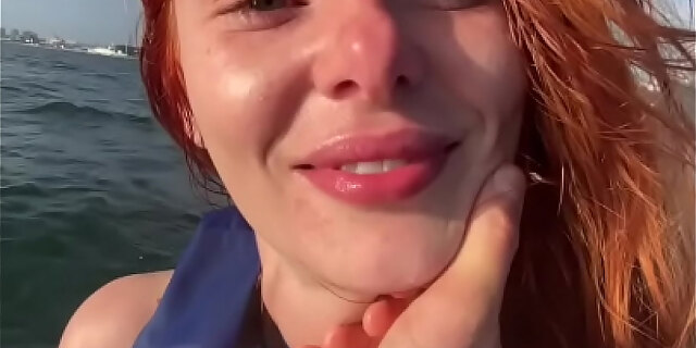big tits,bikini,blowjob,outdoor,pov,public,redhead,swallow